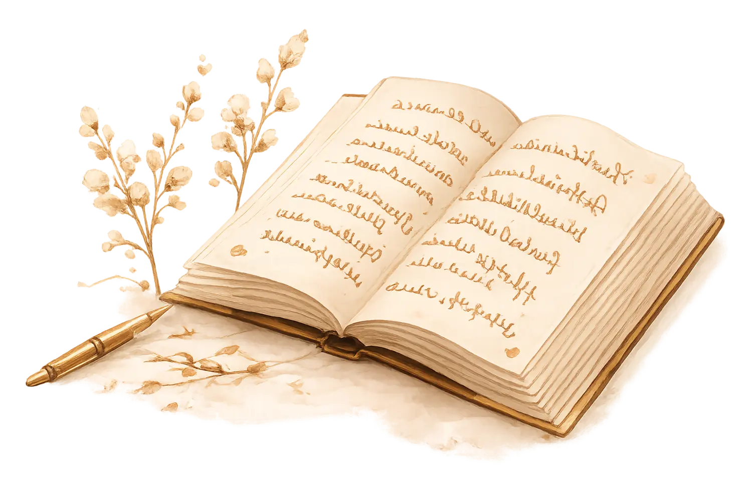 A keepsake book beside a fountain pen and dried flowers
